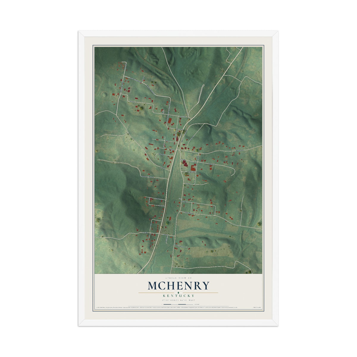 Map of McHenry, Kentucky, 12 x 18 inch print in a white wood frame