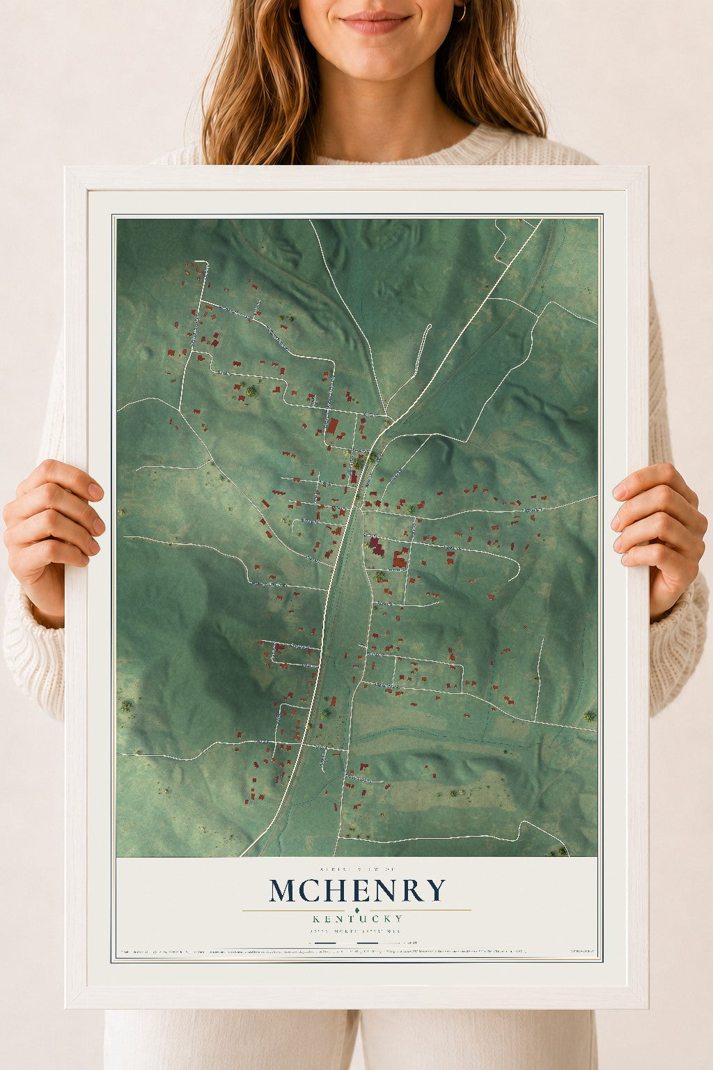 Map of McHenry, Kentucky, 18 x 24 inch print in a white wood frame