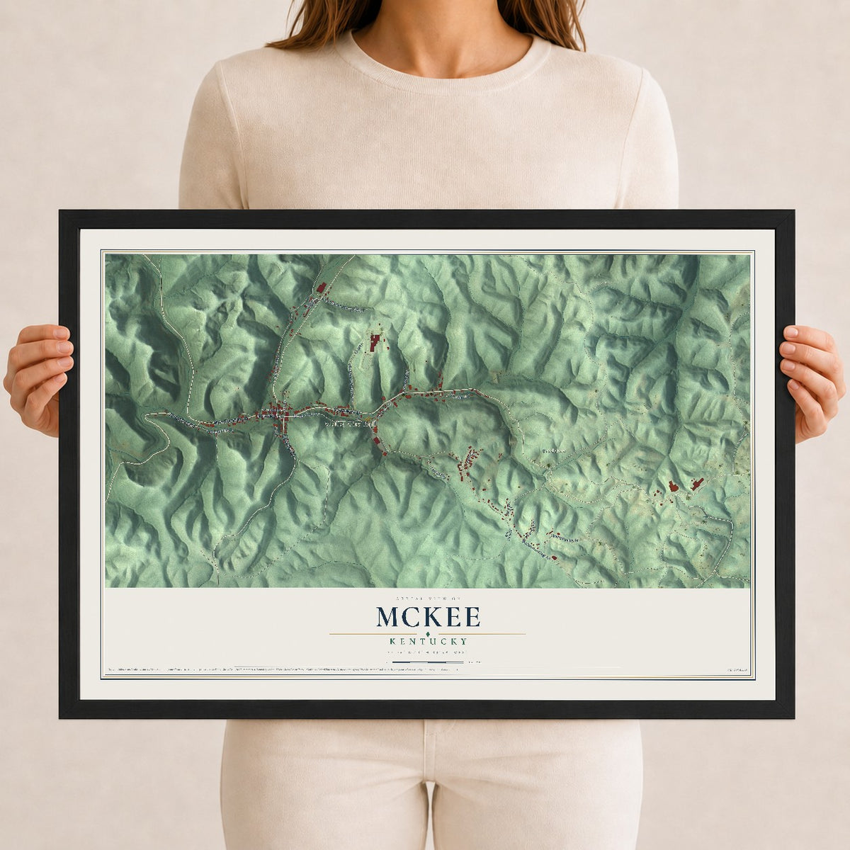 Map of McKee, Kentucky, 12 x 18 inch print in a black wood frame