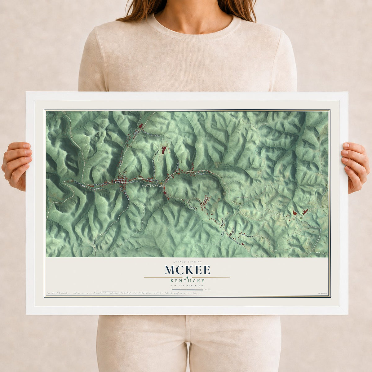 Map of McKee, Kentucky, 12 x 18 inch print in a white wood frame