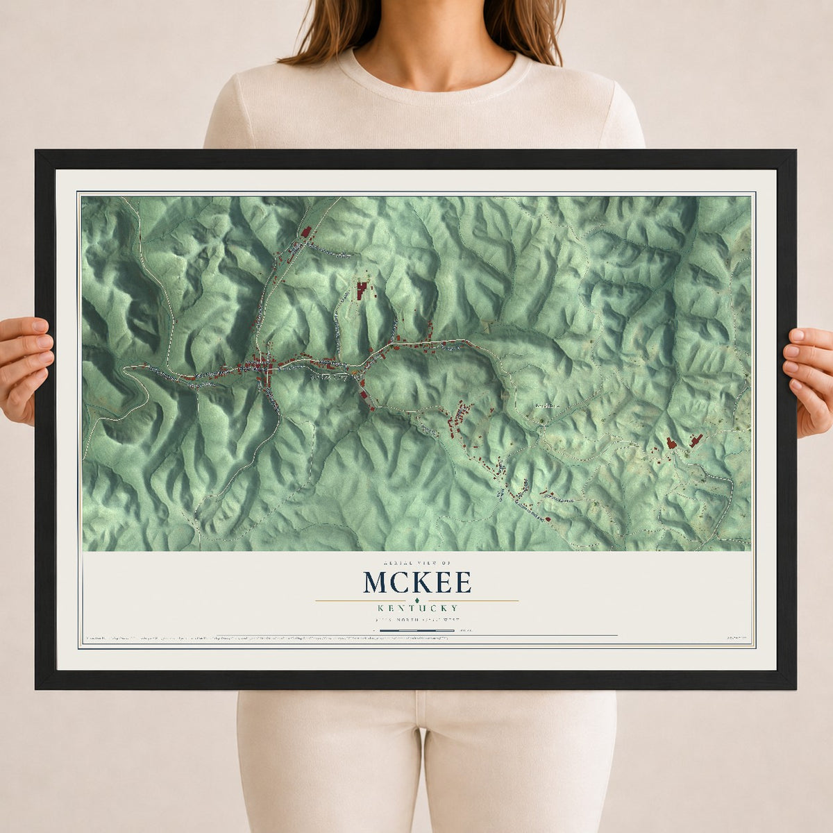 Map of McKee, Kentucky, 18 x 24 inch print in a black wood frame