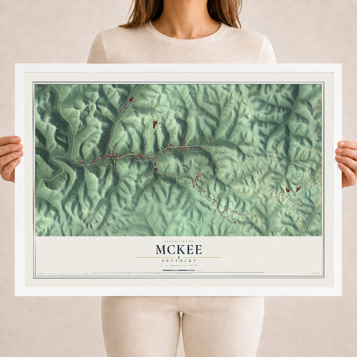 Map of McKee, Kentucky, 18 x 24 inch print in a white wood frame