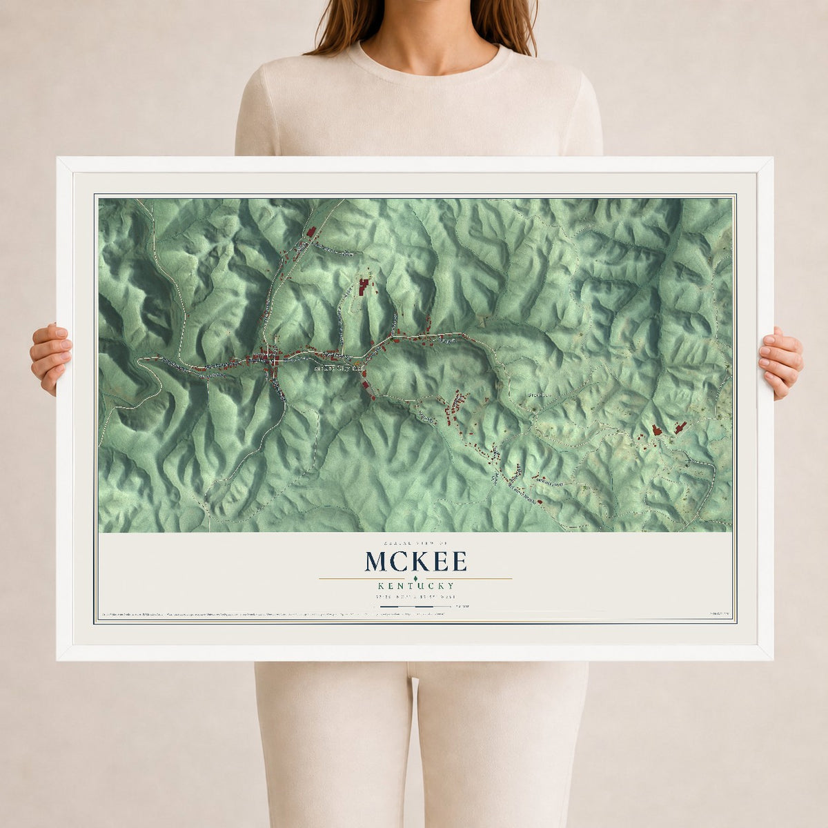 Map of McKee, Kentucky, 24 x 36 inch print in a white wood frame