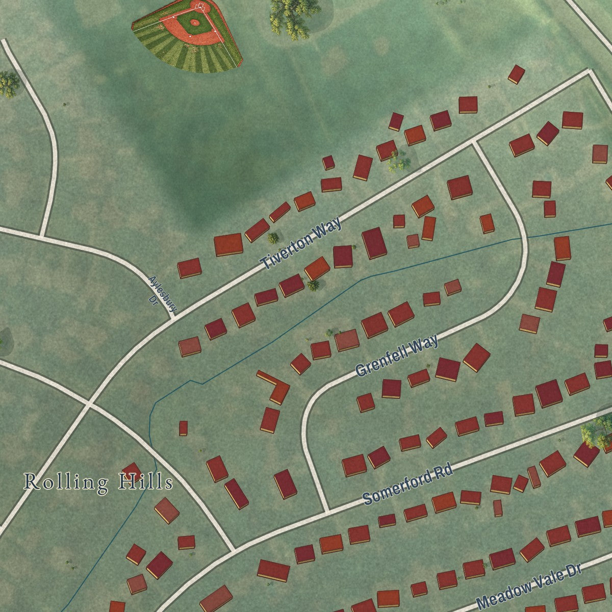 Close-up of the map of Meadow Vale, Kentucky print showing street and building detail