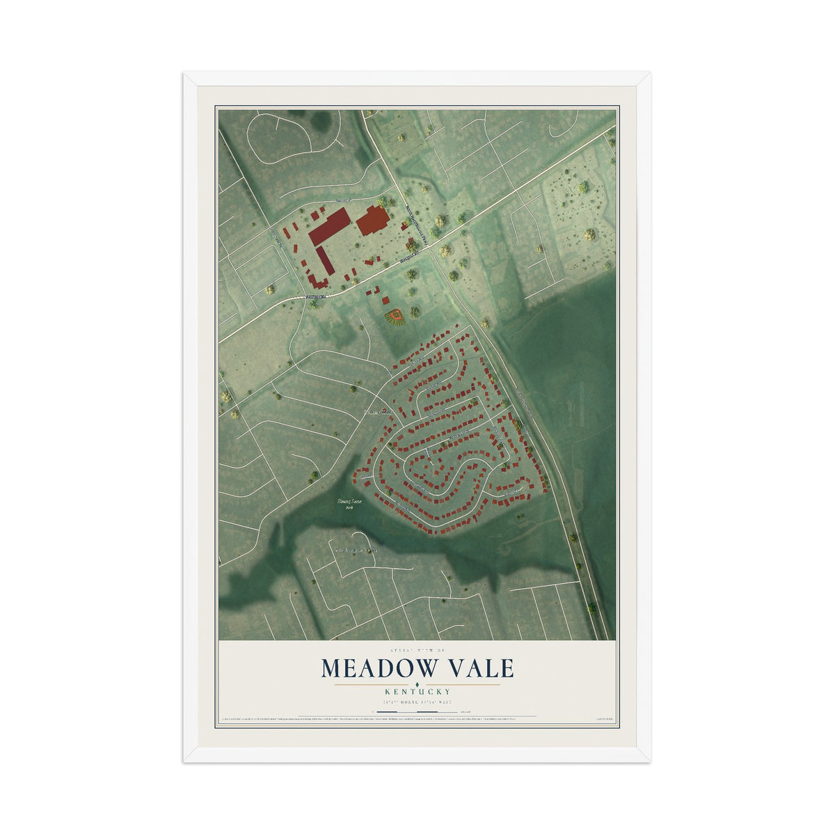Map of Meadow Vale, Kentucky, 12 x 18 inch print in a white wood frame