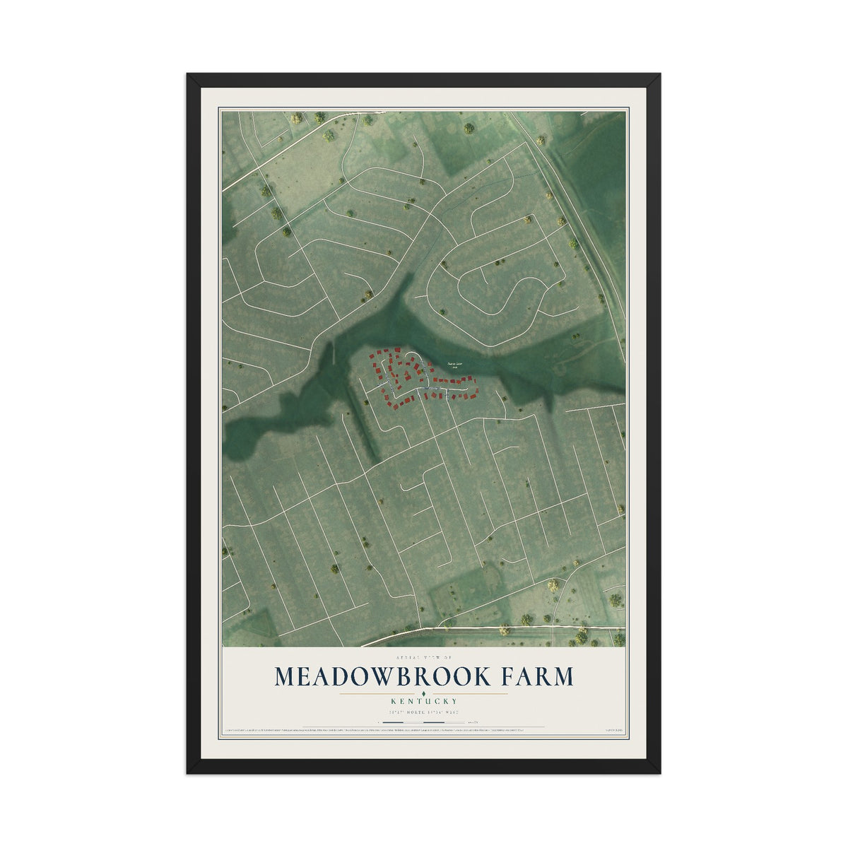 Map of Meadowbrook Farm, Kentucky, 12 x 18 inch print in a black wood frame