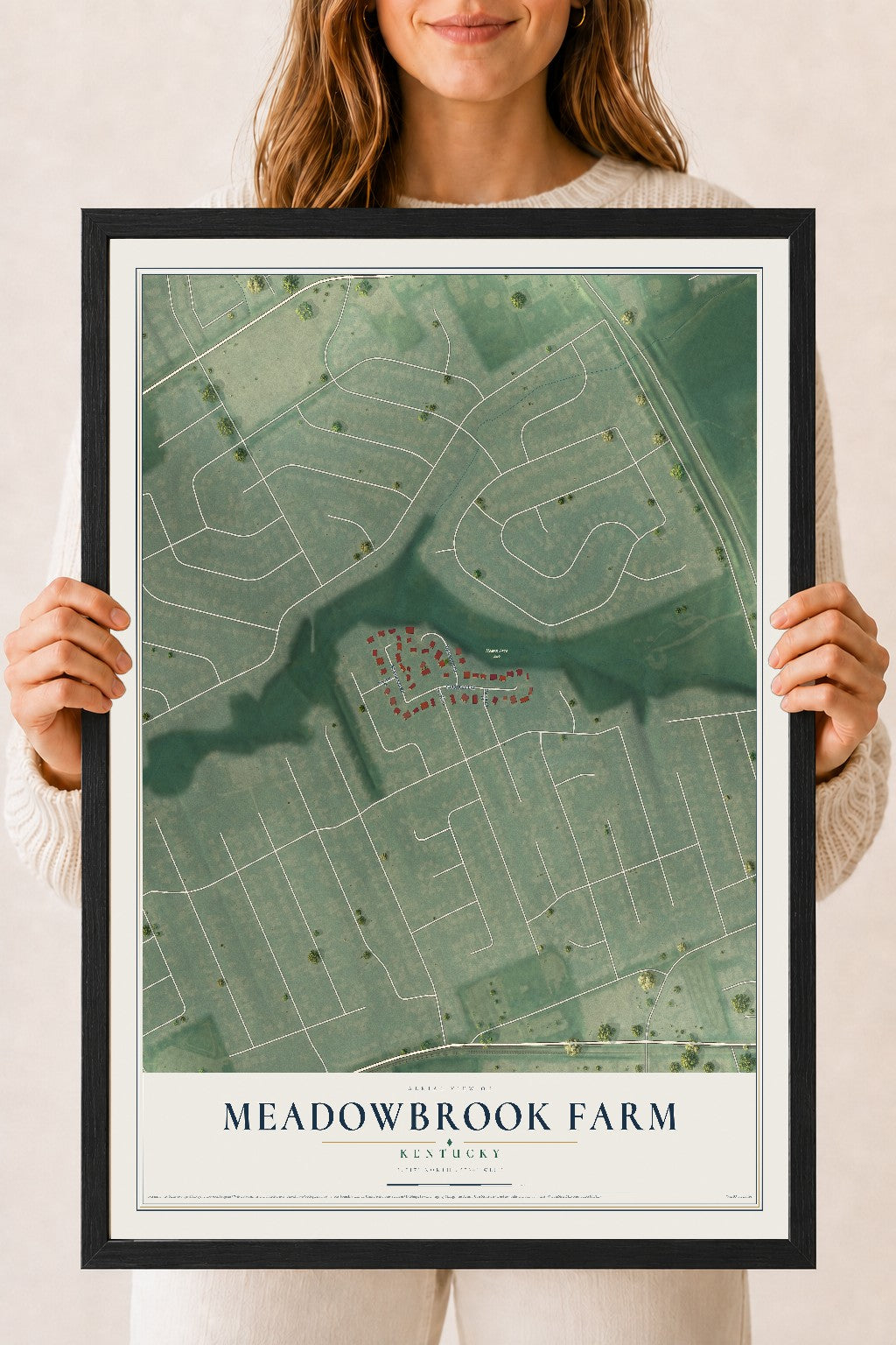 Map of Meadowbrook Farm, Kentucky, 18 x 24 inch print in a black wood frame