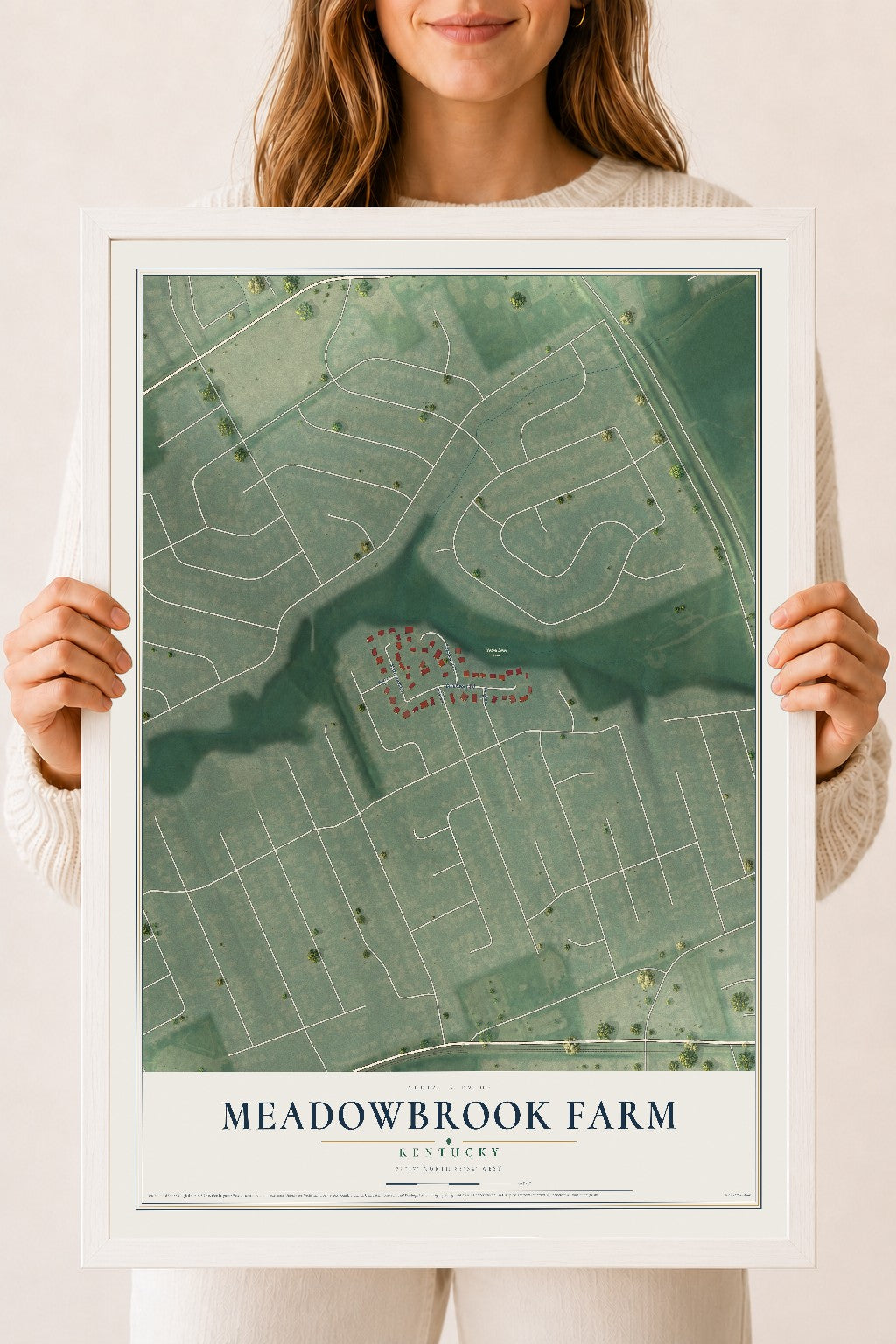 Map of Meadowbrook Farm, Kentucky, 18 x 24 inch print in a white wood frame