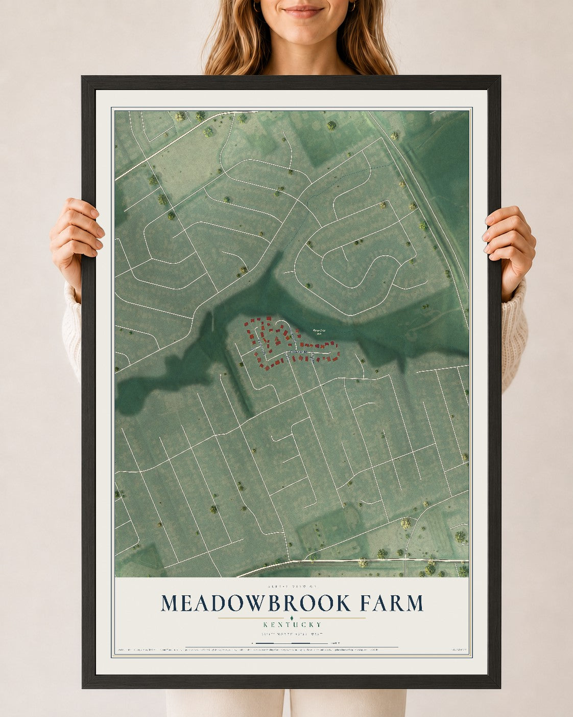 Map of Meadowbrook Farm, Kentucky, 24 x 36 inch print in a black wood frame