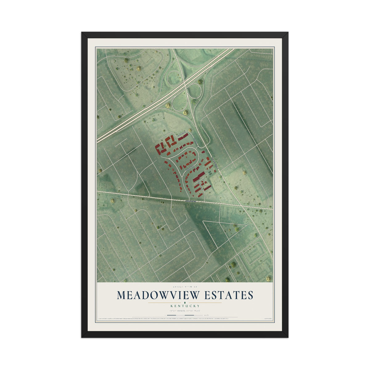 Map of Meadowview Estates, Kentucky, 12 x 18 inch print in a black wood frame