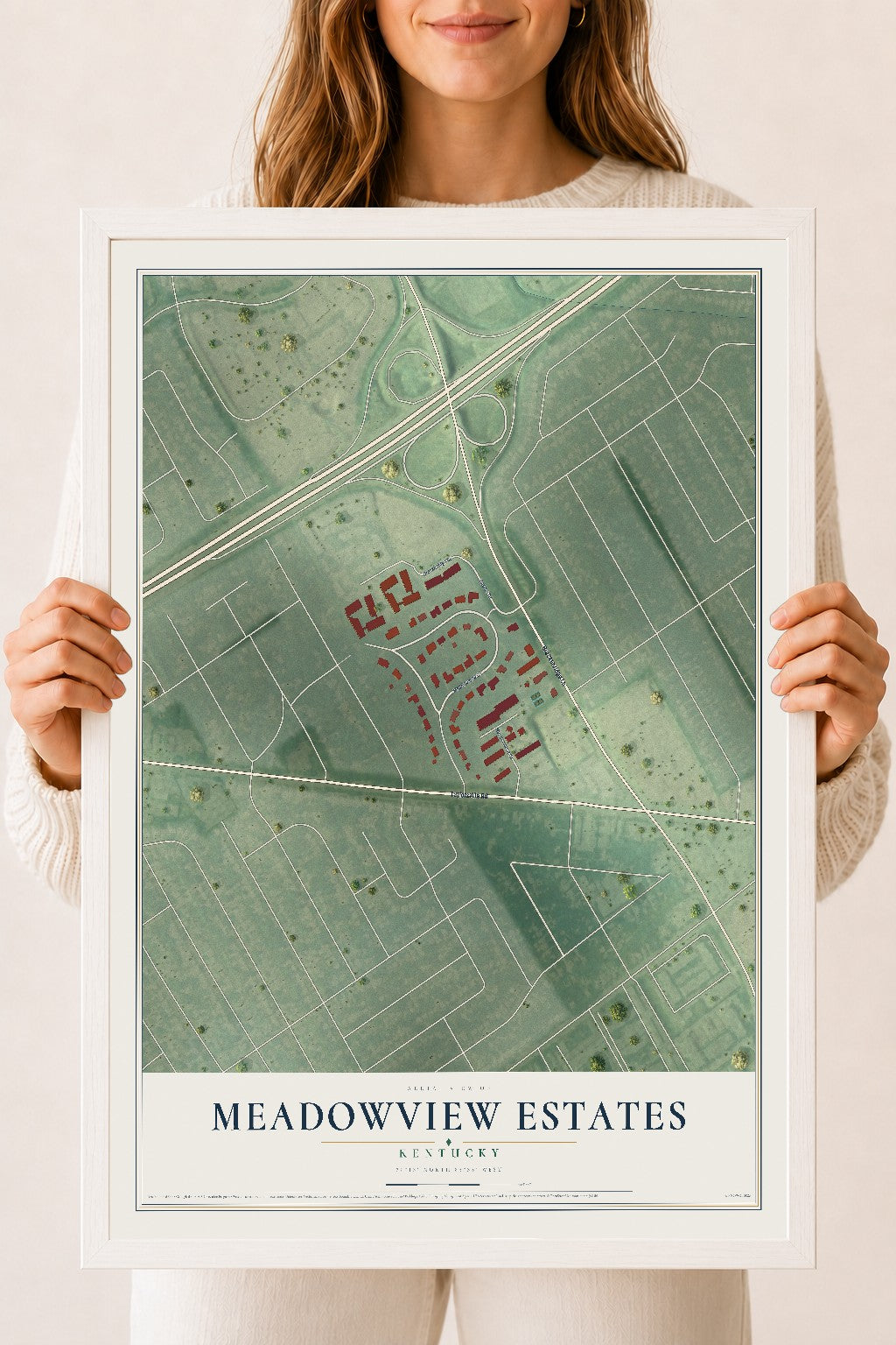 Map of Meadowview Estates, Kentucky, 18 x 24 inch print in a white wood frame