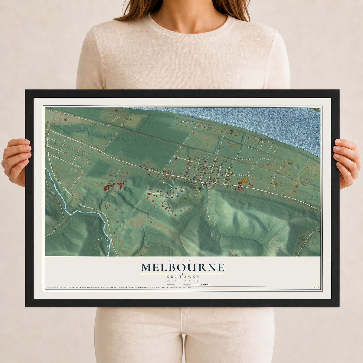 Map of Melbourne, Kentucky, 12 x 18 inch print in a black wood frame