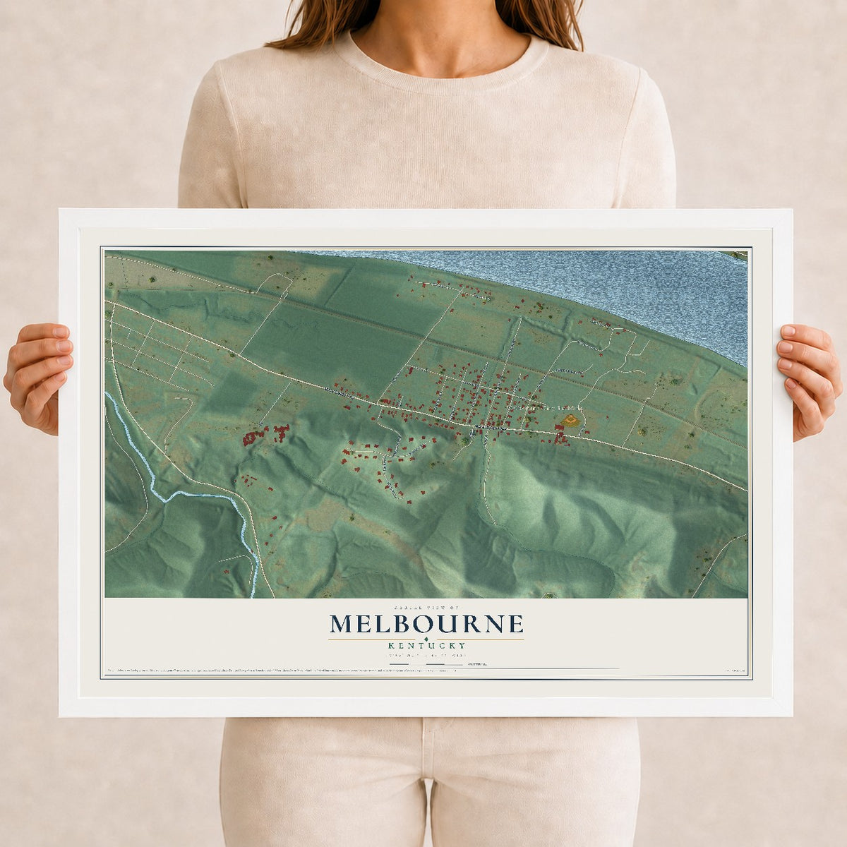 Map of Melbourne, Kentucky, 12 x 18 inch print in a white wood frame