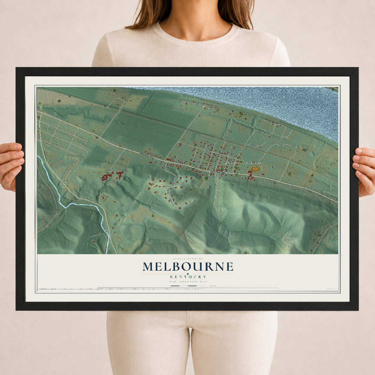 Map of Melbourne, Kentucky, 18 x 24 inch print in a black wood frame