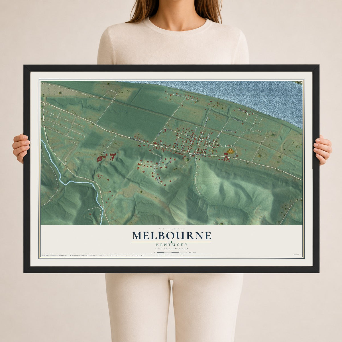 Map of Melbourne, Kentucky, 24 x 36 inch print in a black wood frame