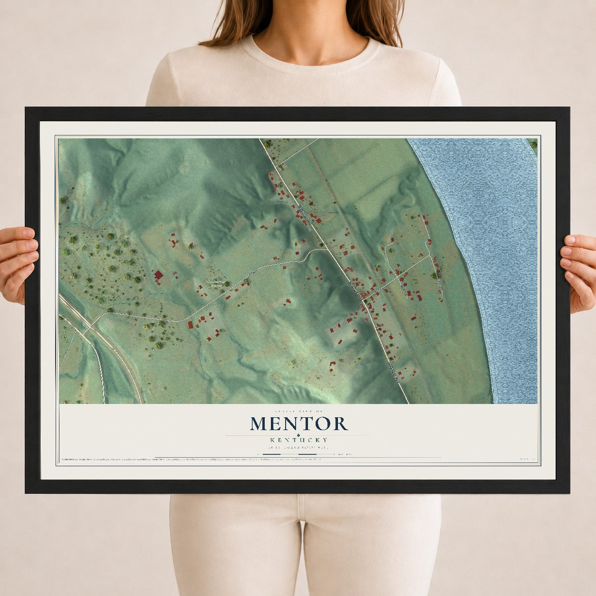 Map of Mentor, Kentucky, 18 x 24 inch print in a black wood frame