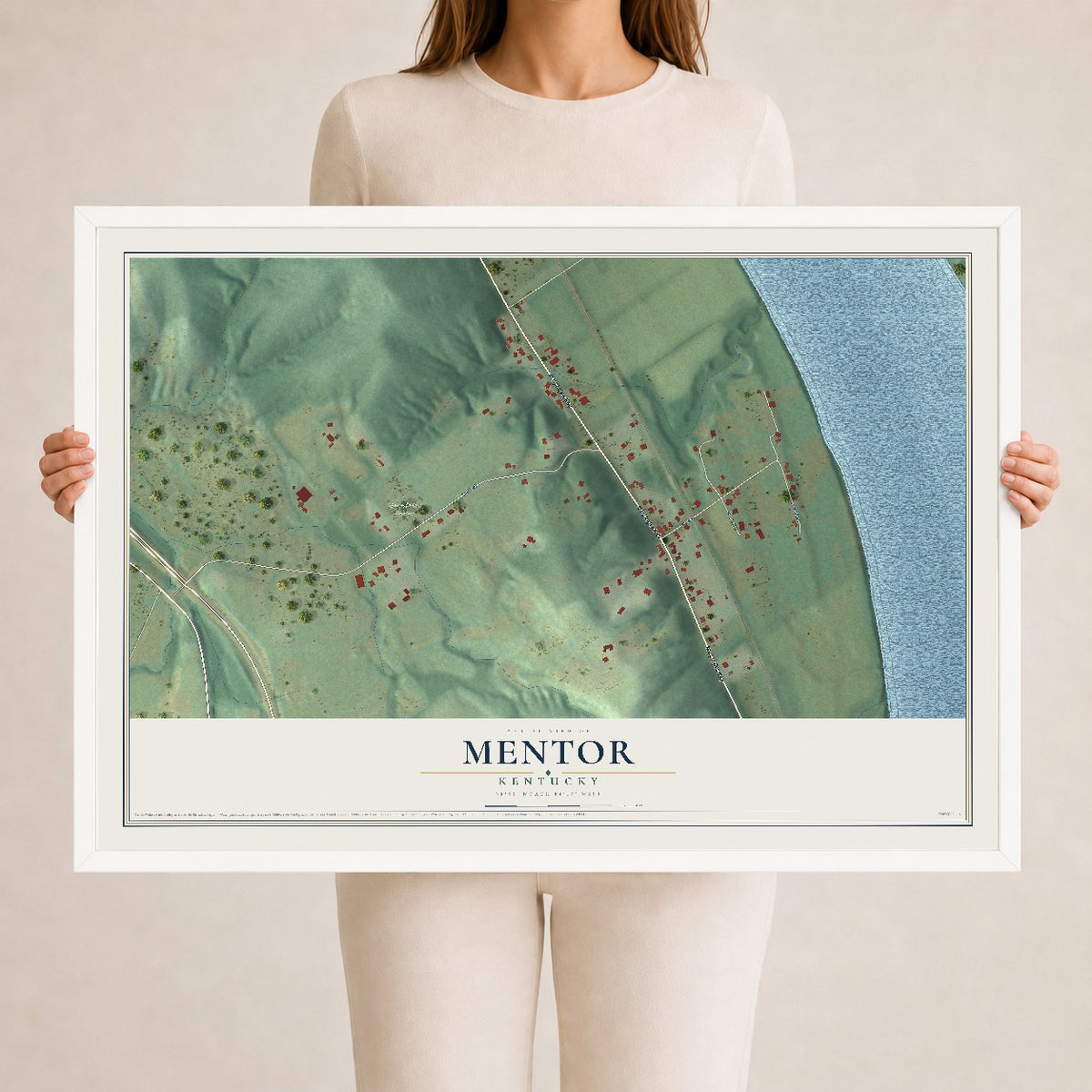 Map of Mentor, Kentucky, 24 x 36 inch print in a white wood frame