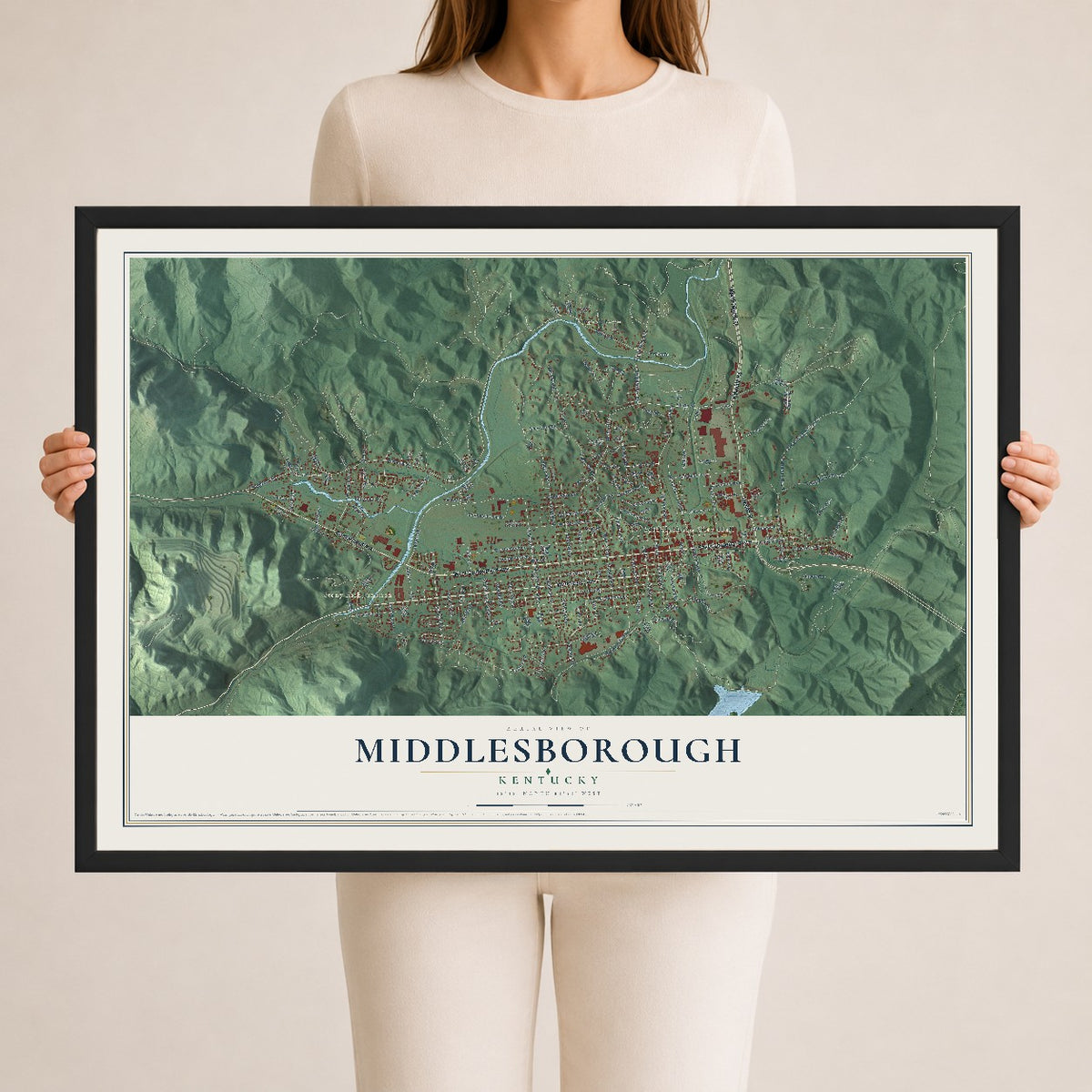 Map of Middlesborough, Kentucky, 24 x 36 inch print in a black wood frame