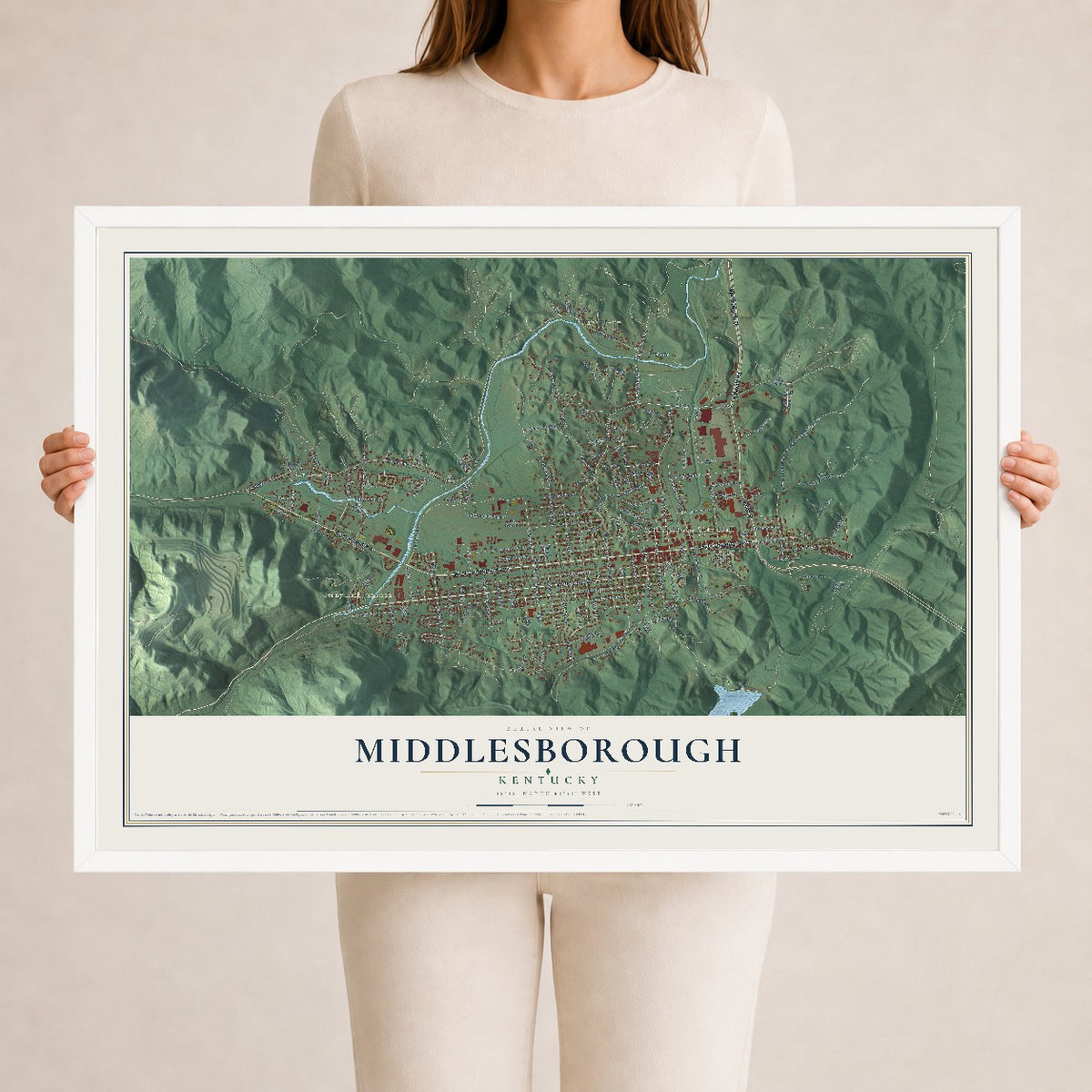 Map of Middlesborough, Kentucky, 24 x 36 inch print in a white wood frame