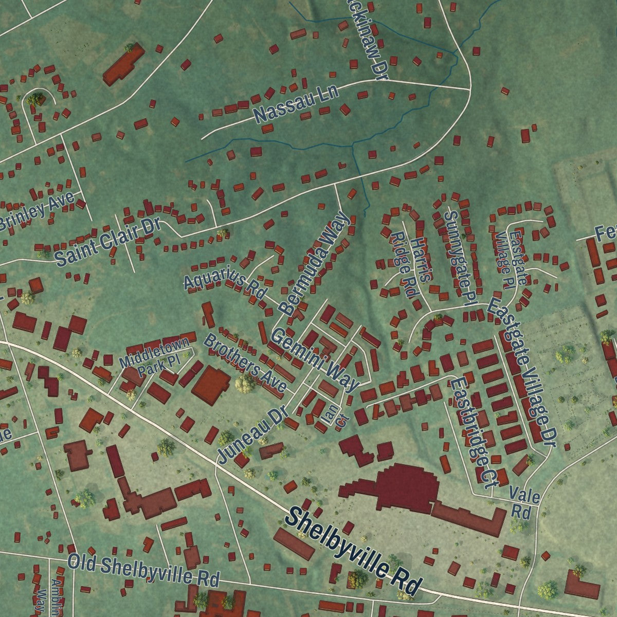Close-up of the map of Middletown, Kentucky print showing street and building detail