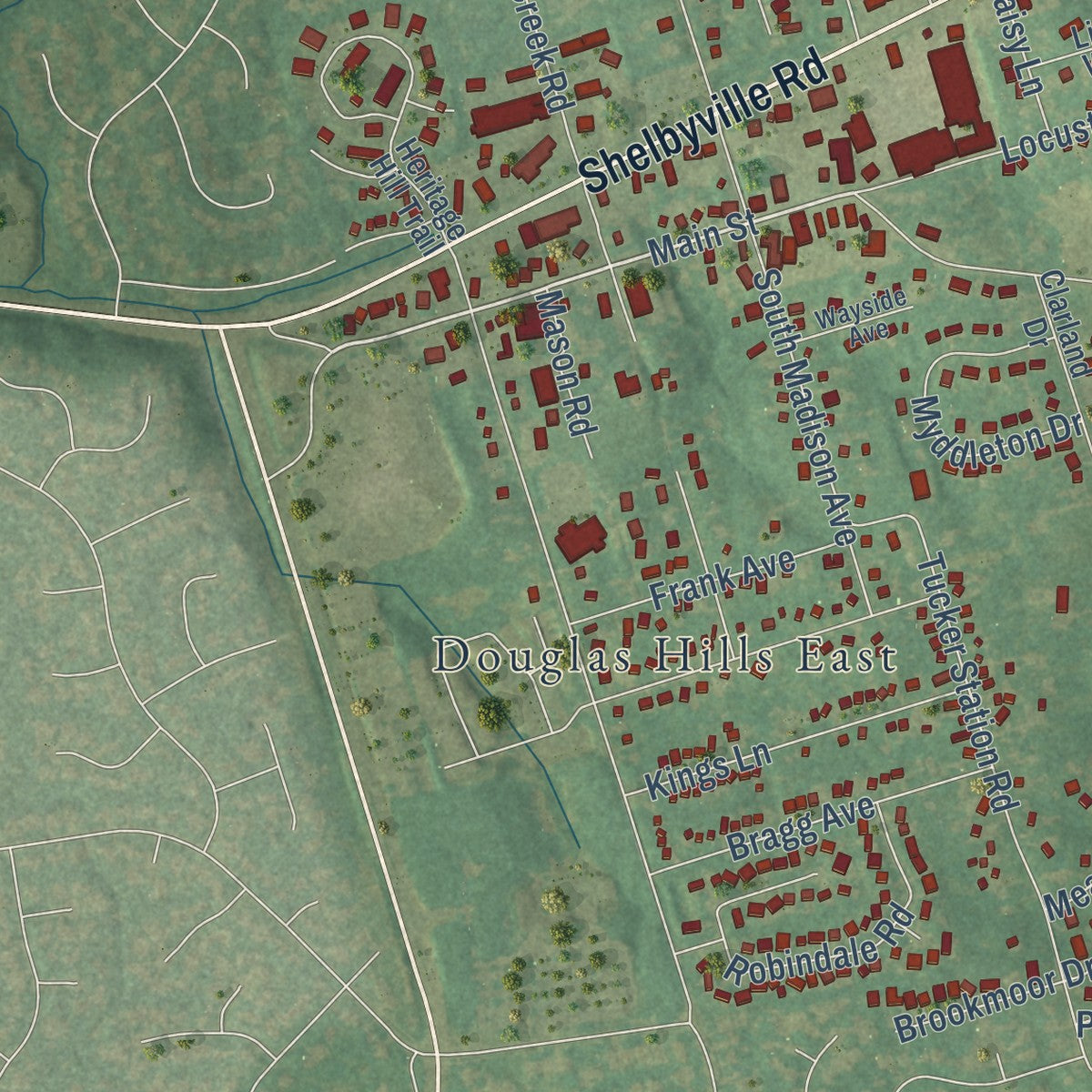 Second close-up of the map of Middletown, Kentucky print showing more streets and buildings