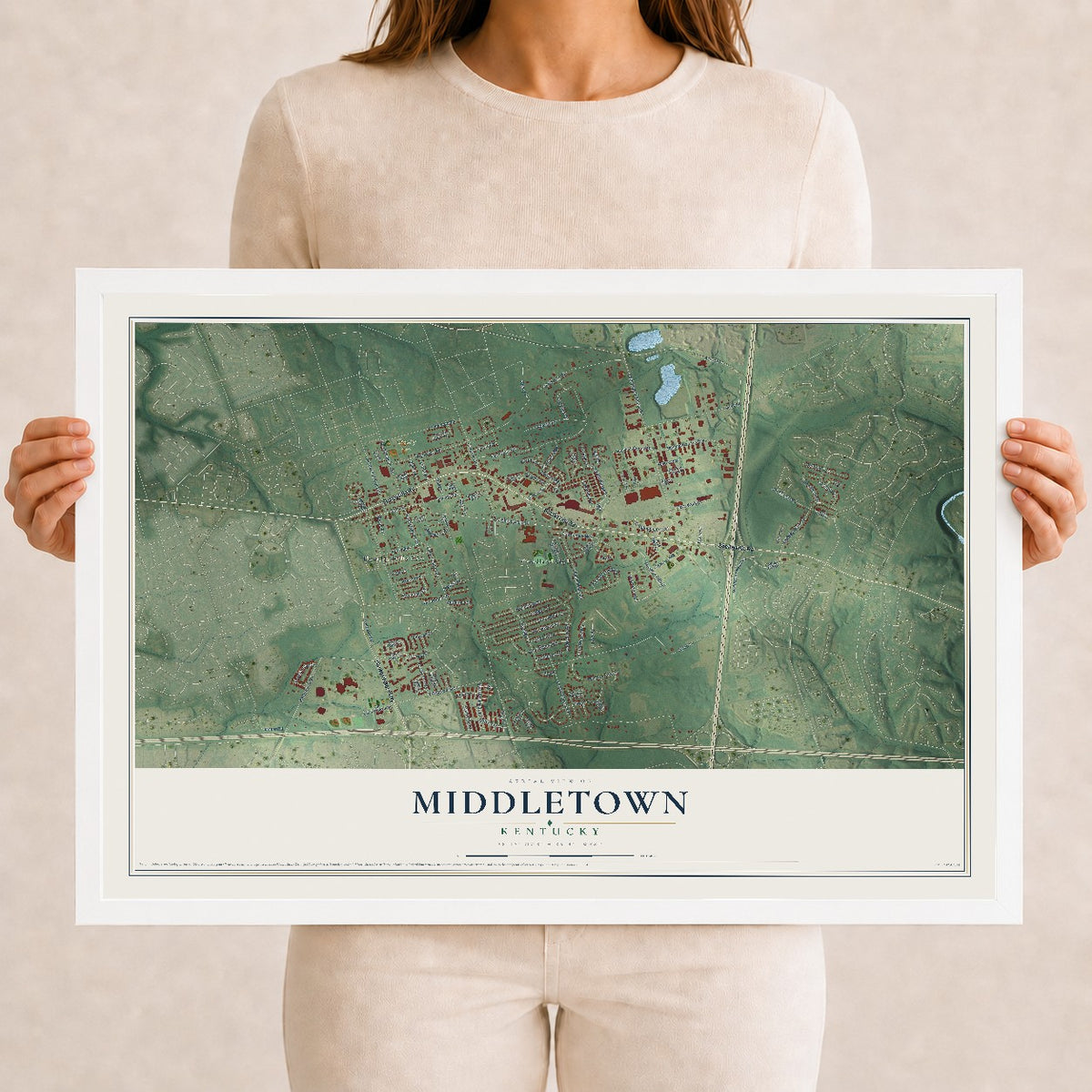 Map of Middletown, Kentucky, 12 x 18 inch print in a white wood frame