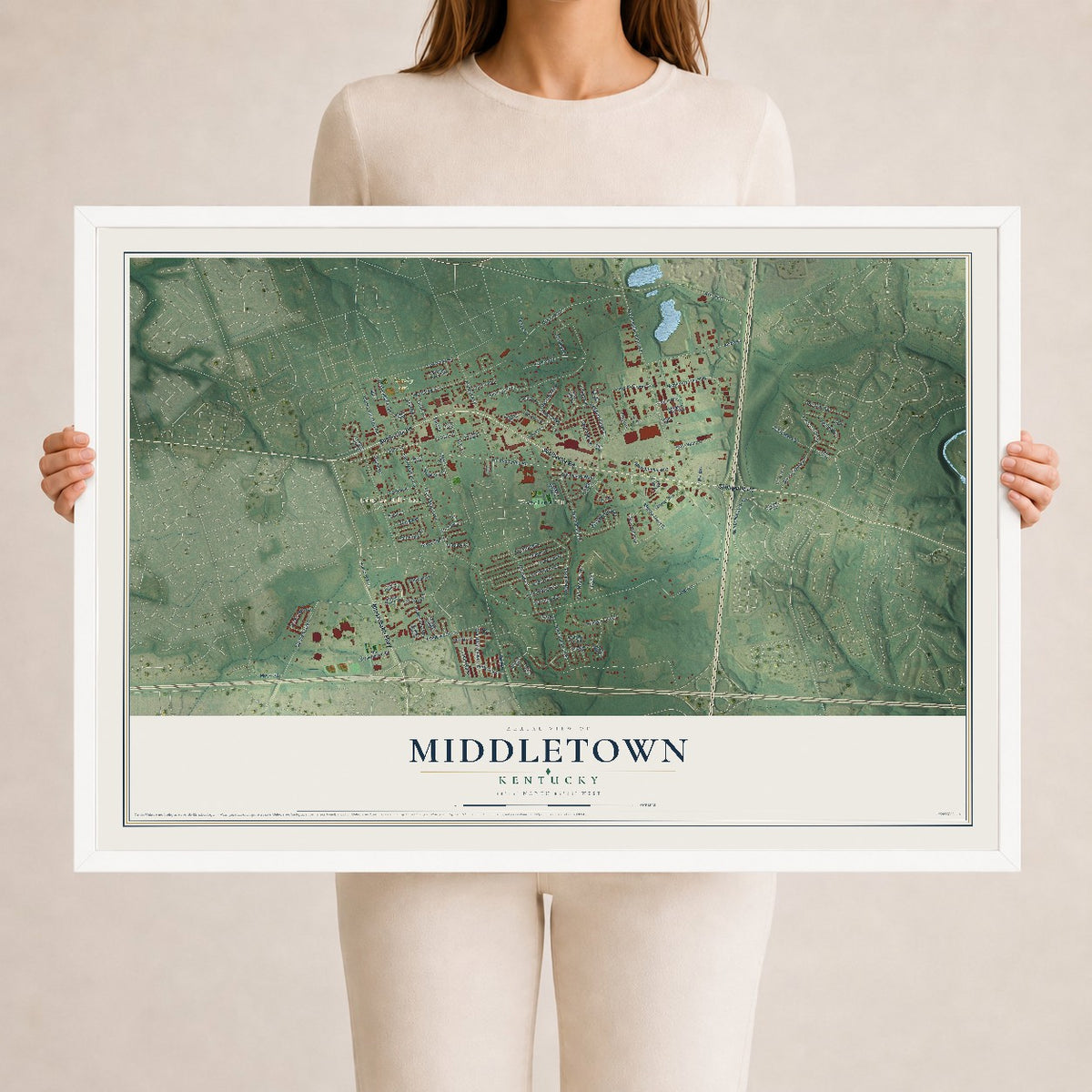 Map of Middletown, Kentucky, 24 x 36 inch print in a white wood frame