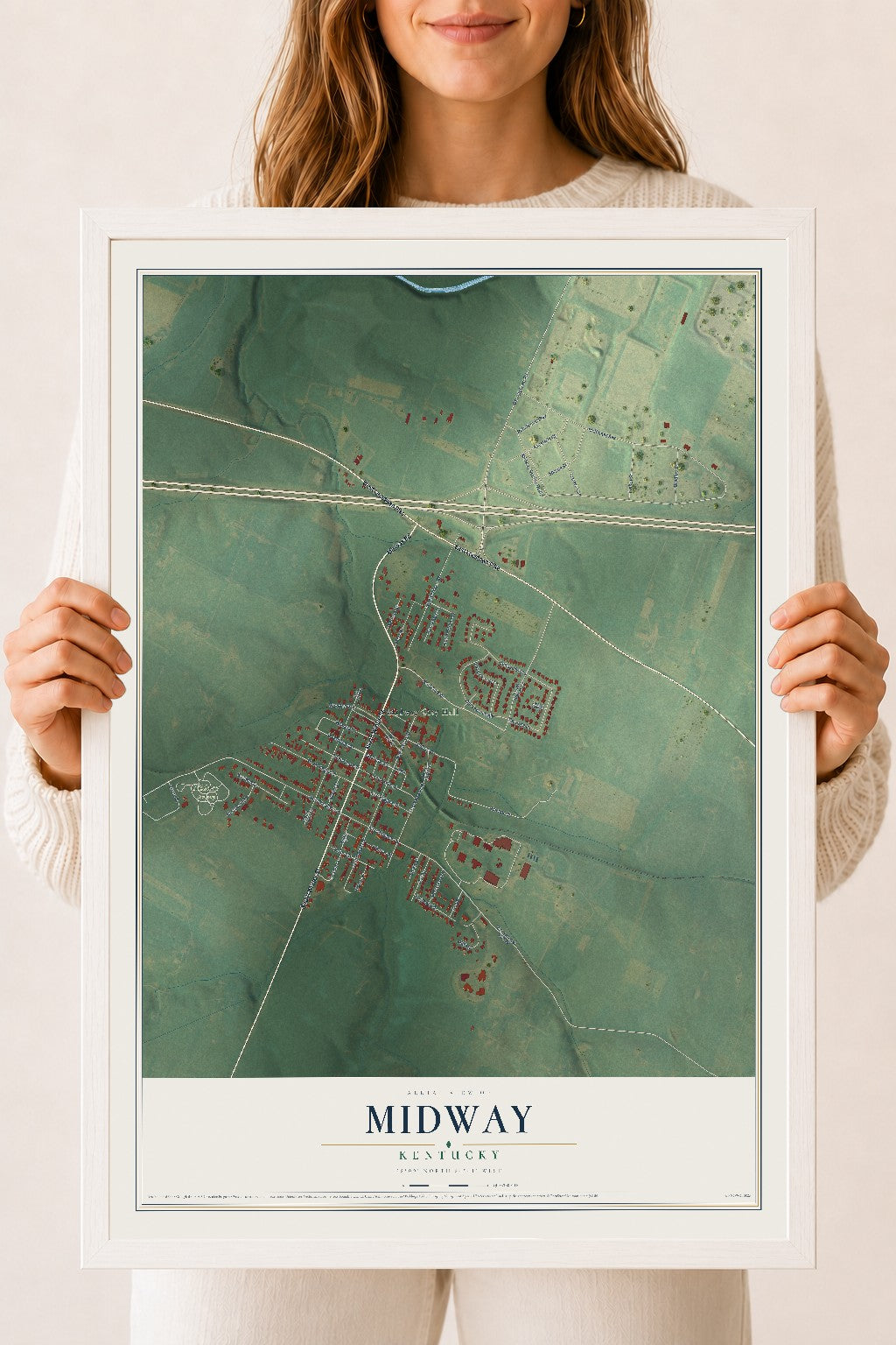 Map of Midway, Kentucky, 18 x 24 inch print in a white wood frame