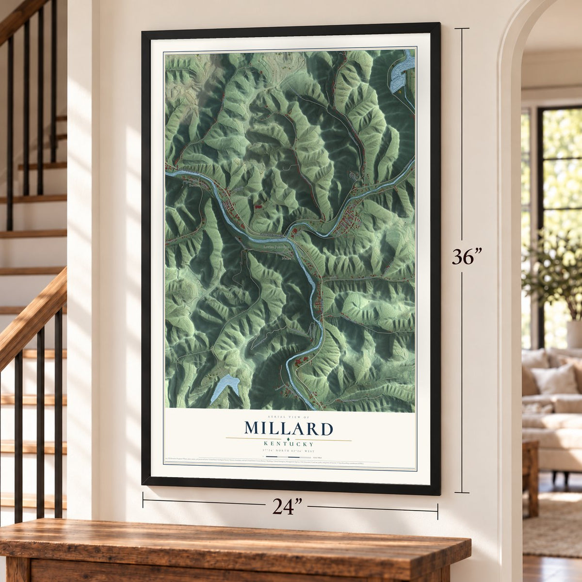 Millard, Kentucky map, 24 x 36 inch print in a black frame by a staircase