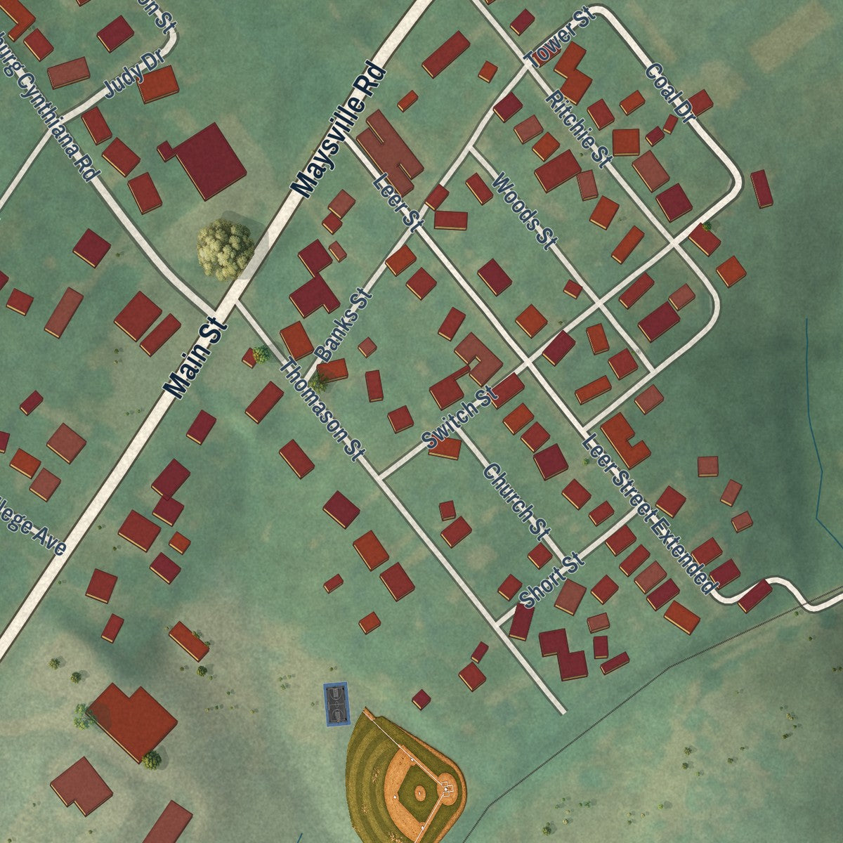 Second close-up of the map of Millersburg, Kentucky print showing more streets and buildings