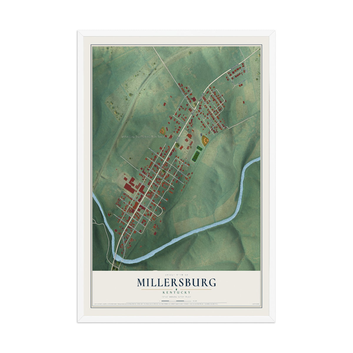 Map of Millersburg, Kentucky, 12 x 18 inch print in a white wood frame
