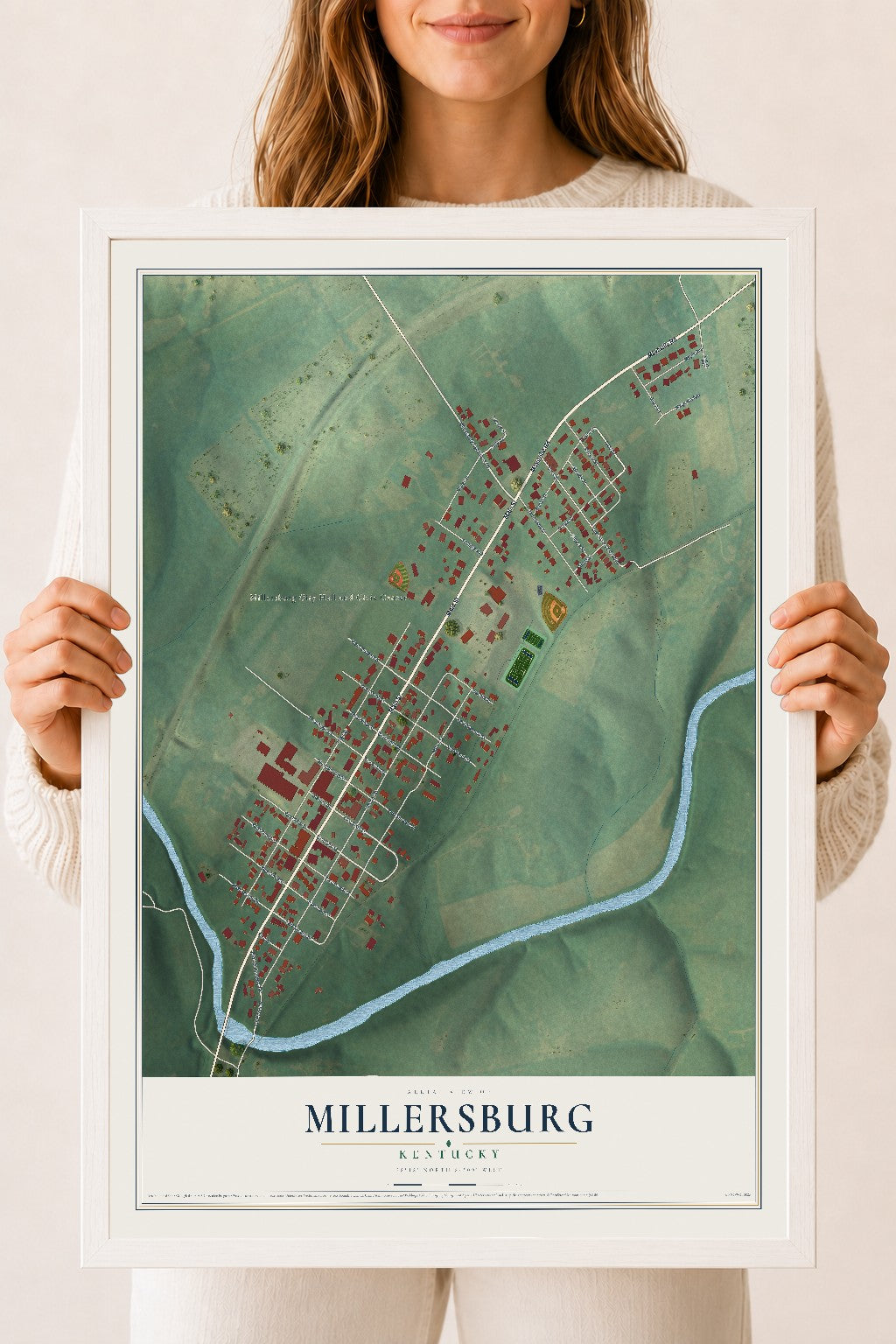 Map of Millersburg, Kentucky, 18 x 24 inch print in a white wood frame