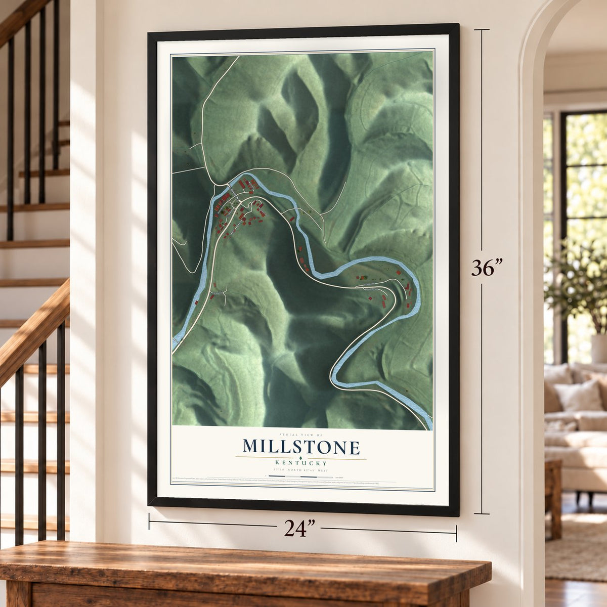 Millstone, Kentucky map, 24 x 36 inch print in a black frame by a staircase