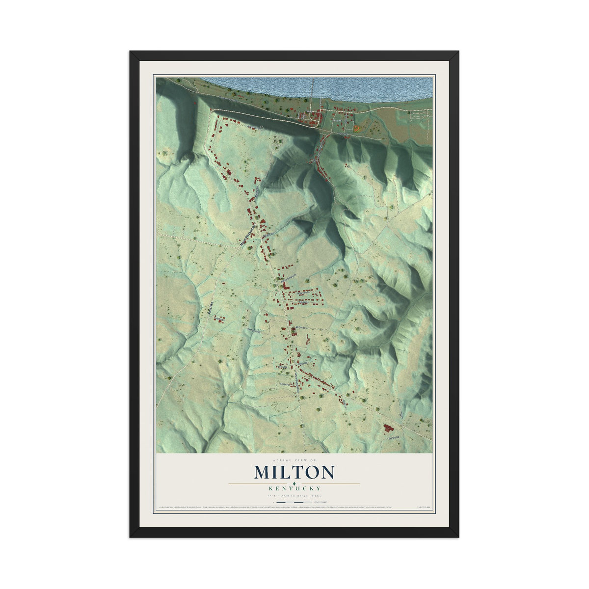 Map of Milton, Kentucky, 12 x 18 inch print in a black wood frame