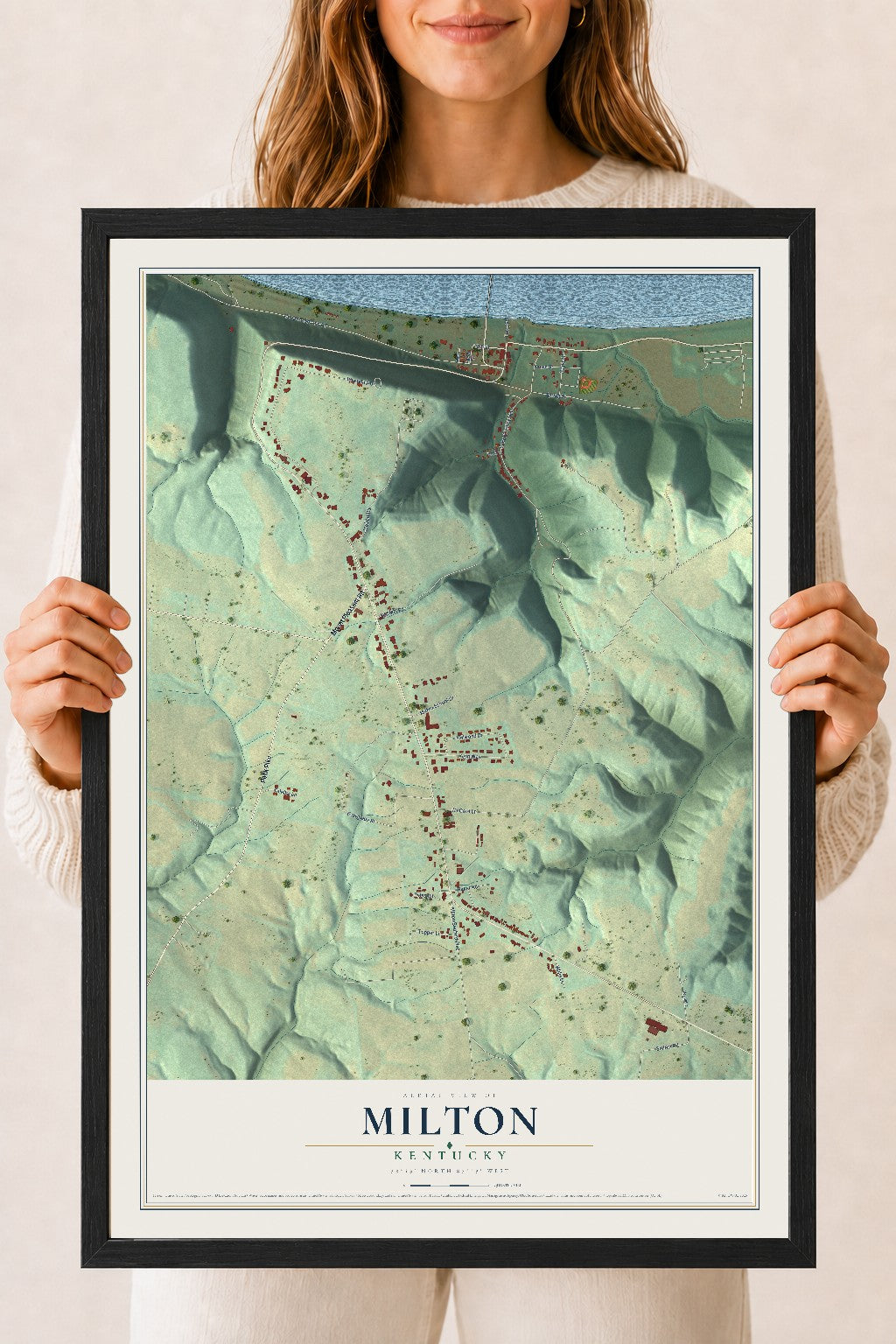 Map of Milton, Kentucky, 18 x 24 inch print in a black wood frame