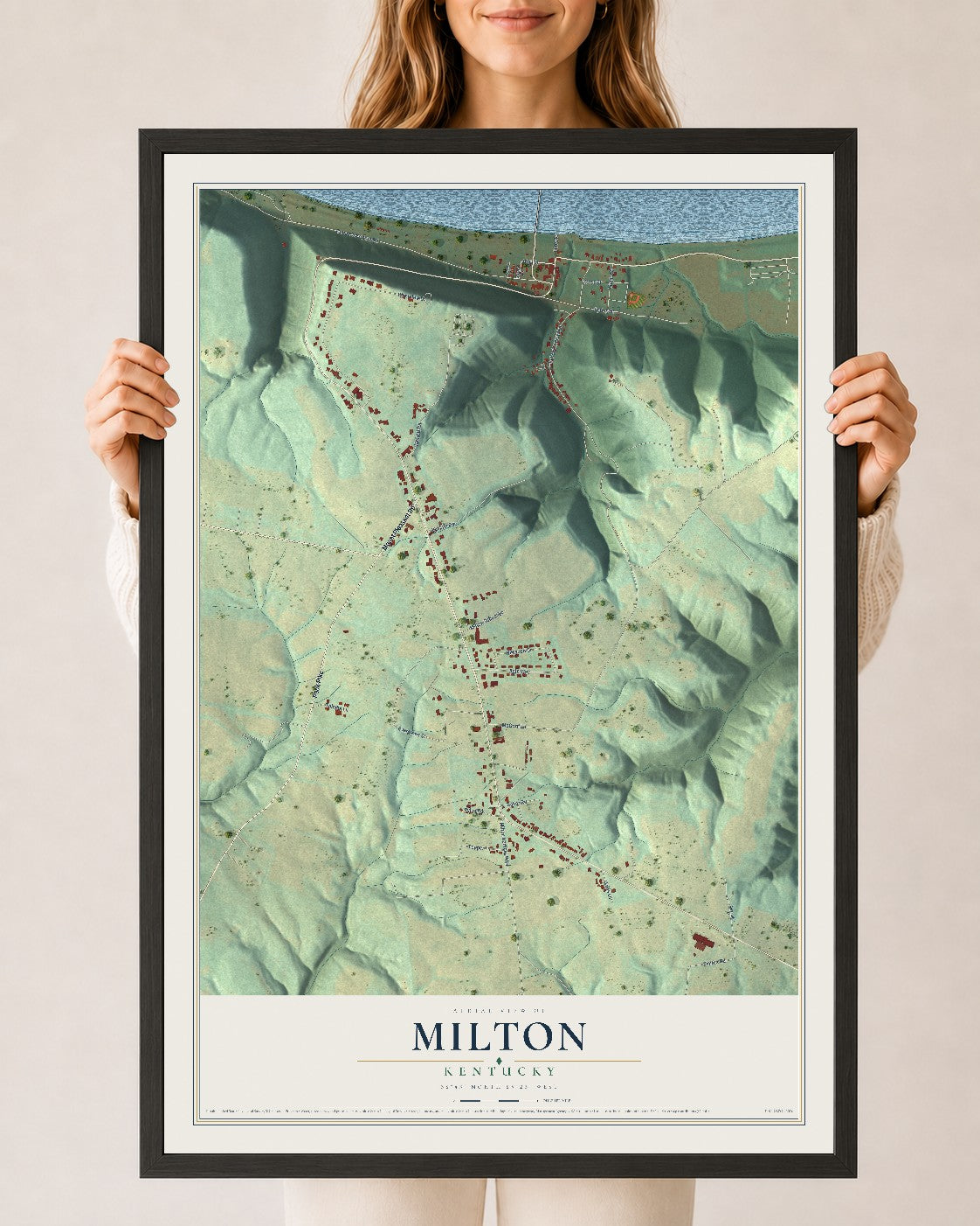 Map of Milton, Kentucky, 24 x 36 inch print in a black wood frame