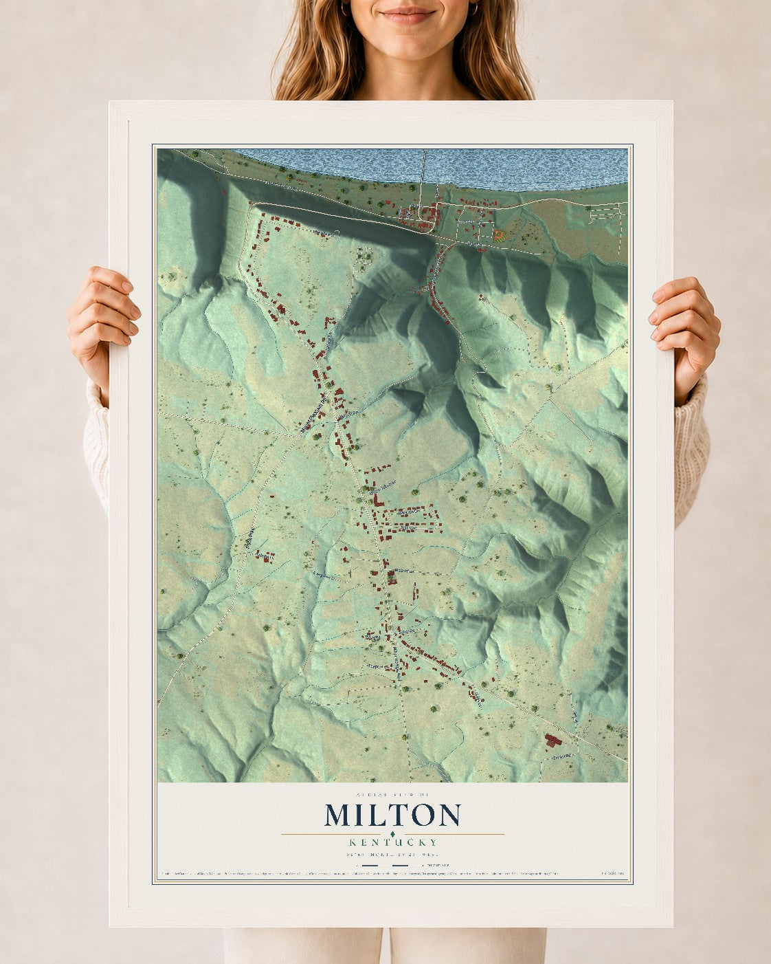 Map of Milton, Kentucky, 24 x 36 inch print in a white wood frame