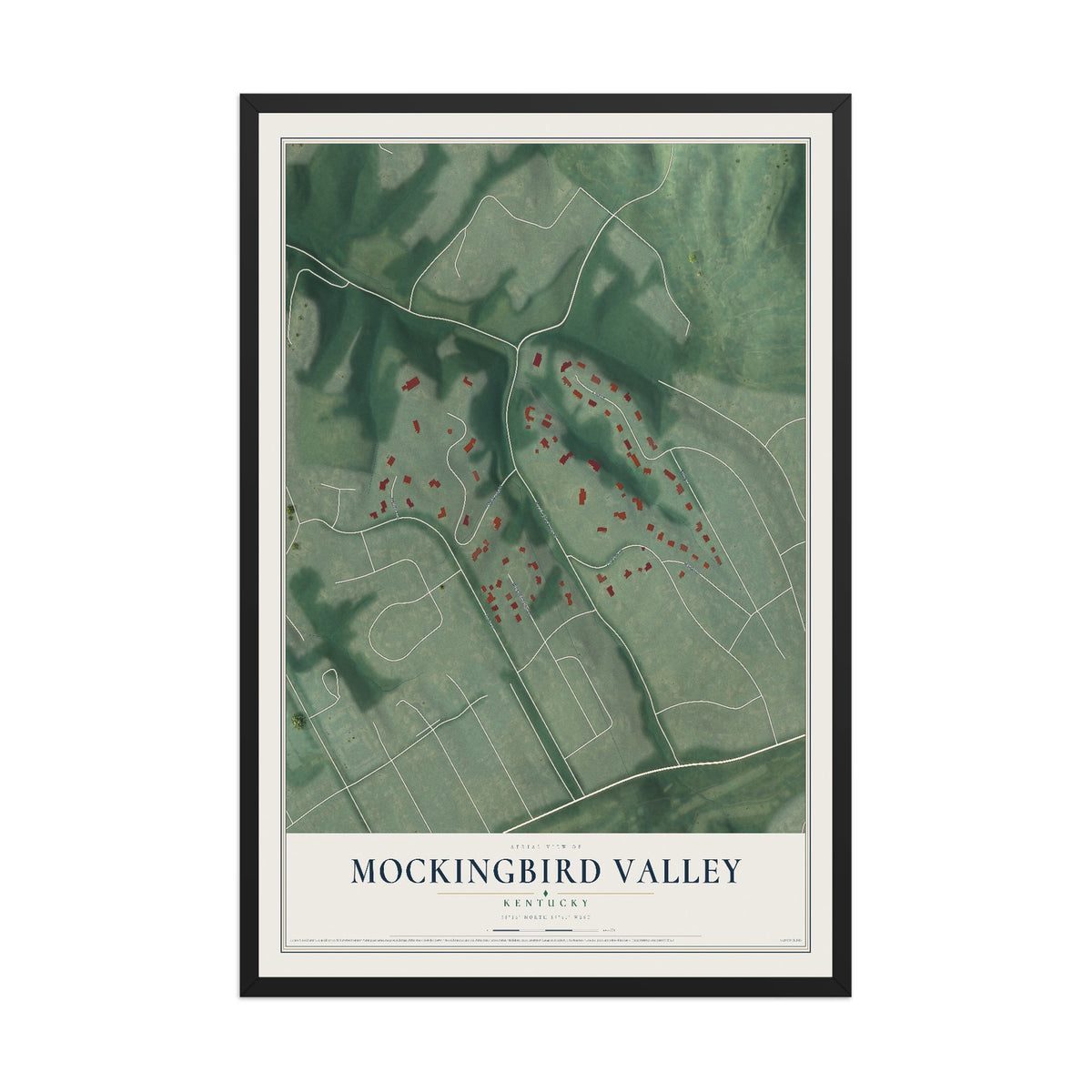 Map of Mockingbird Valley, Kentucky, 12 x 18 inch print in a black wood frame