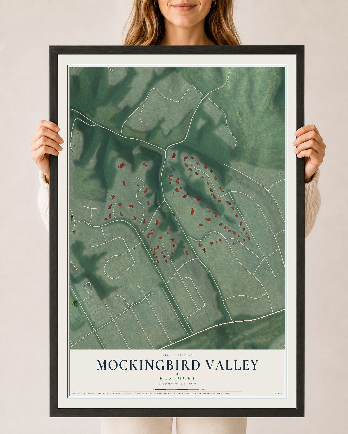 Map of Mockingbird Valley, Kentucky, 24 x 36 inch print in a black wood frame
