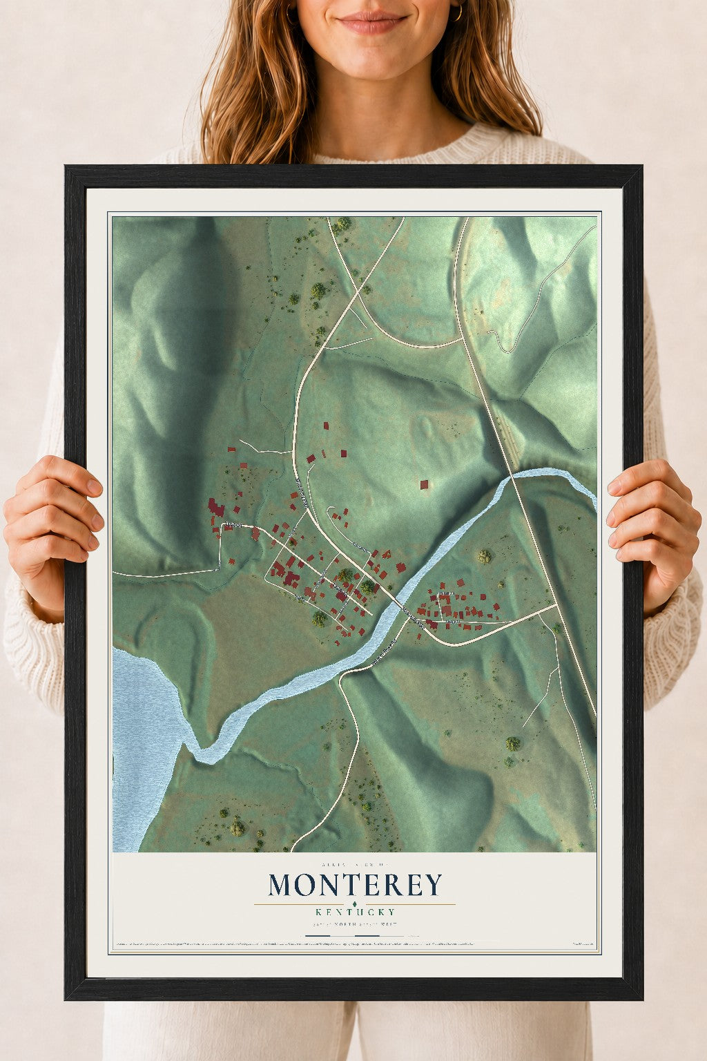 Map of Monterey, Kentucky, 18 x 24 inch print in a black wood frame