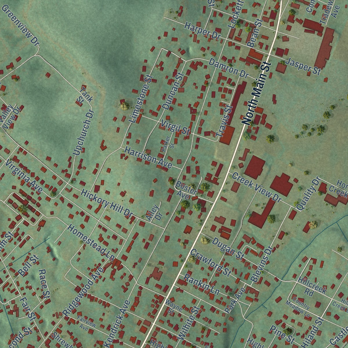 Close-up of the map of Monticello, Kentucky print showing street and building detail