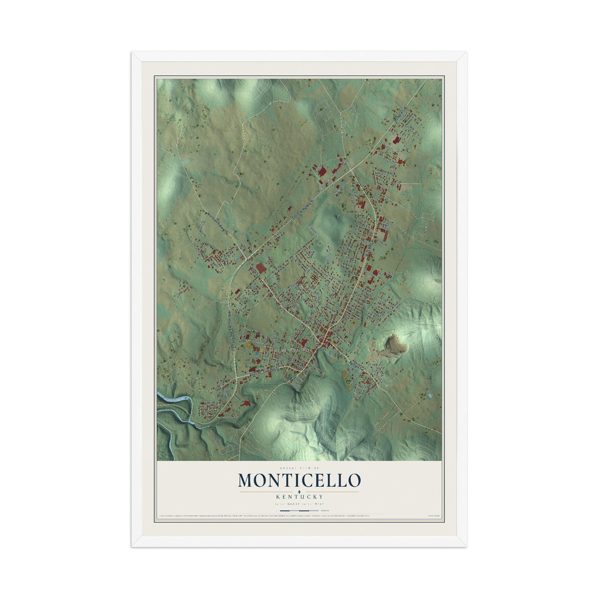 Map of Monticello, Kentucky, 12 x 18 inch print in a white wood frame