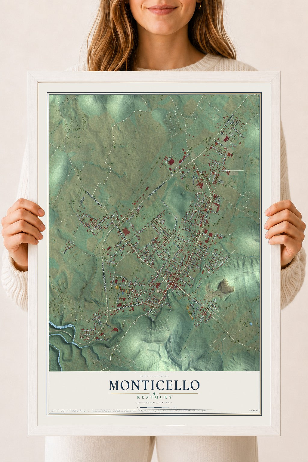 Map of Monticello, Kentucky, 18 x 24 inch print in a white wood frame