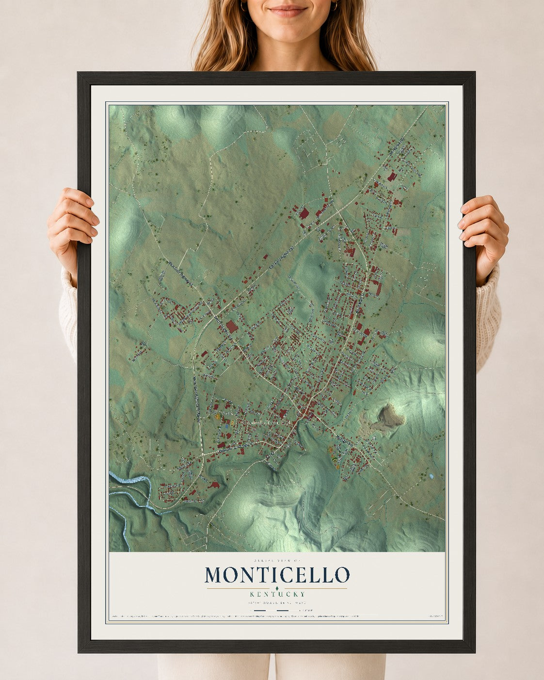 Map of Monticello, Kentucky, 24 x 36 inch print in a black wood frame