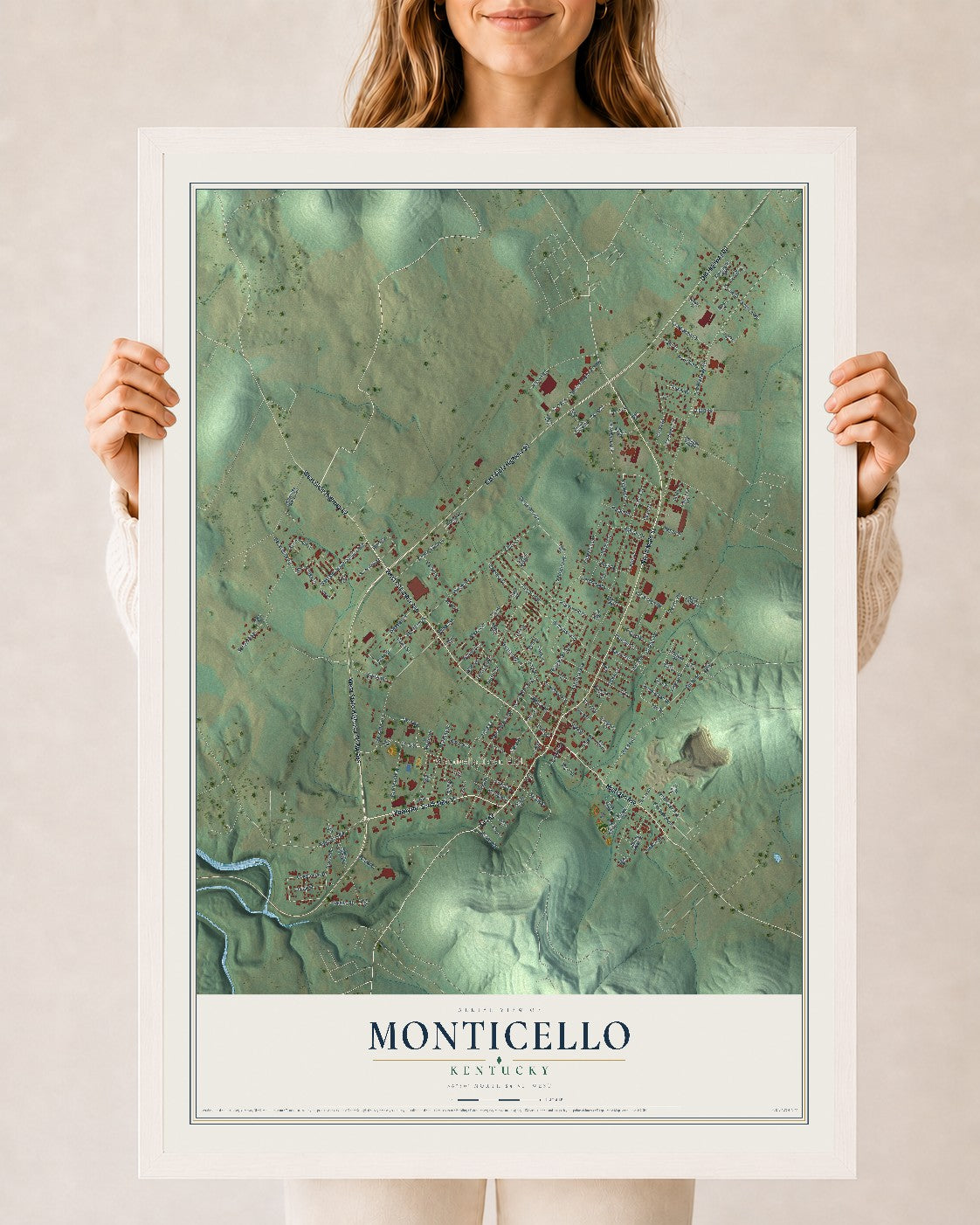 Map of Monticello, Kentucky, 24 x 36 inch print in a white wood frame