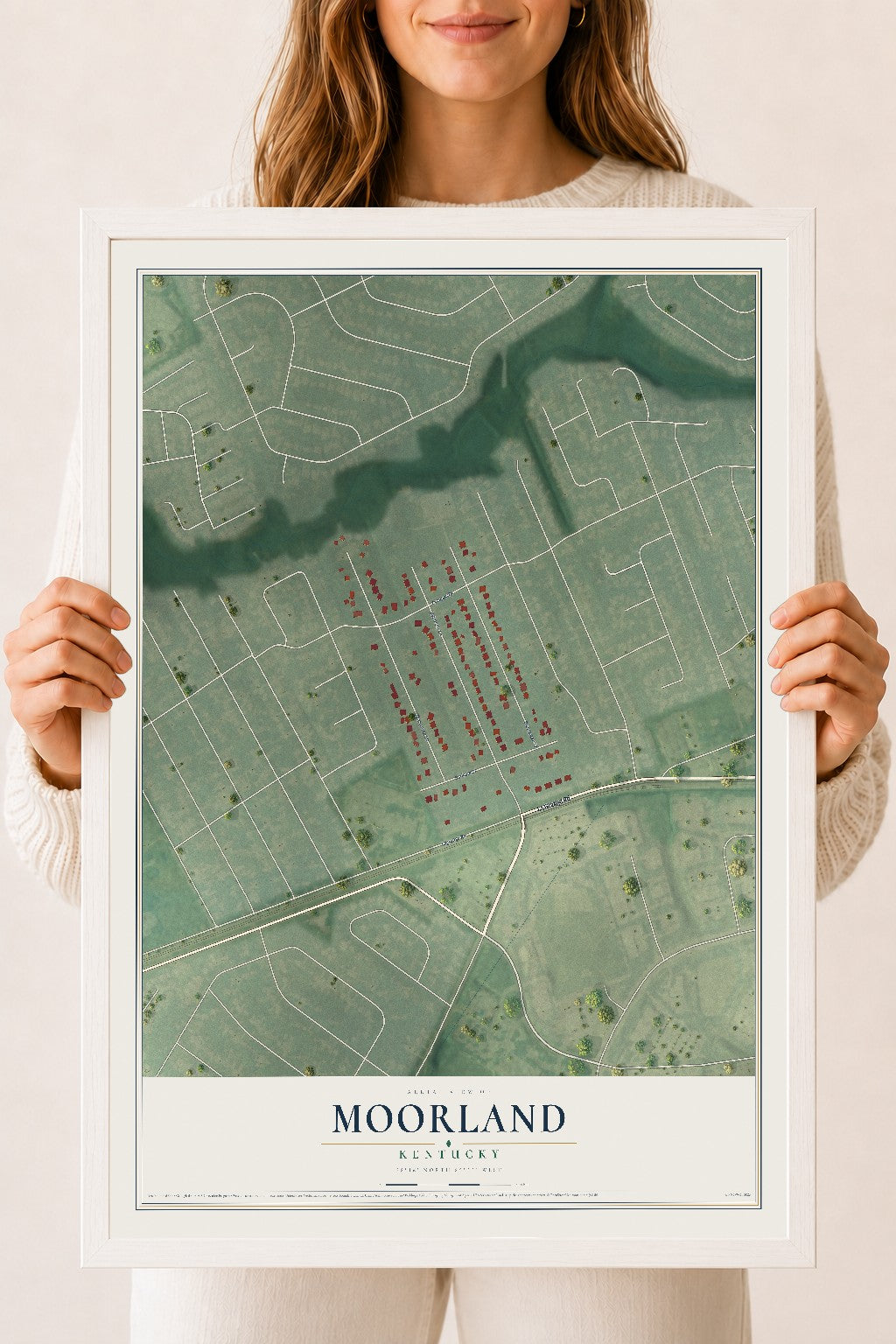 Map of Moorland, Kentucky, 18 x 24 inch print in a white wood frame