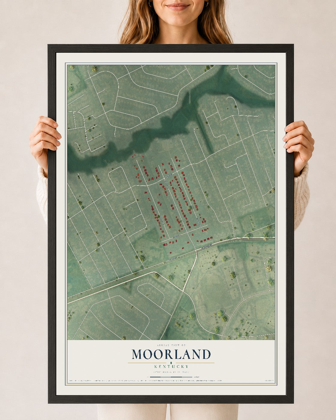 Map of Moorland, Kentucky, 24 x 36 inch print in a black wood frame