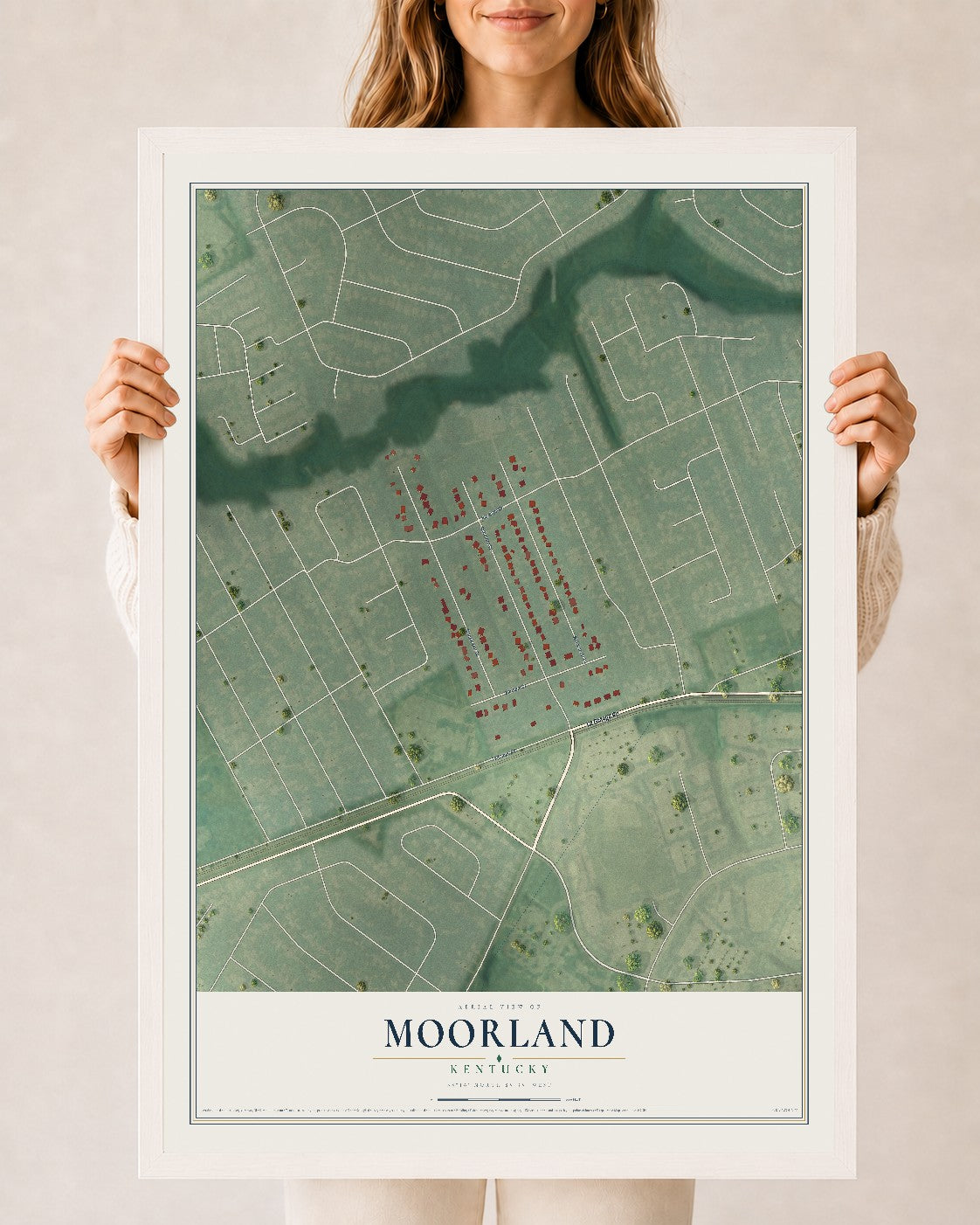 Map of Moorland, Kentucky, 24 x 36 inch print in a white wood frame