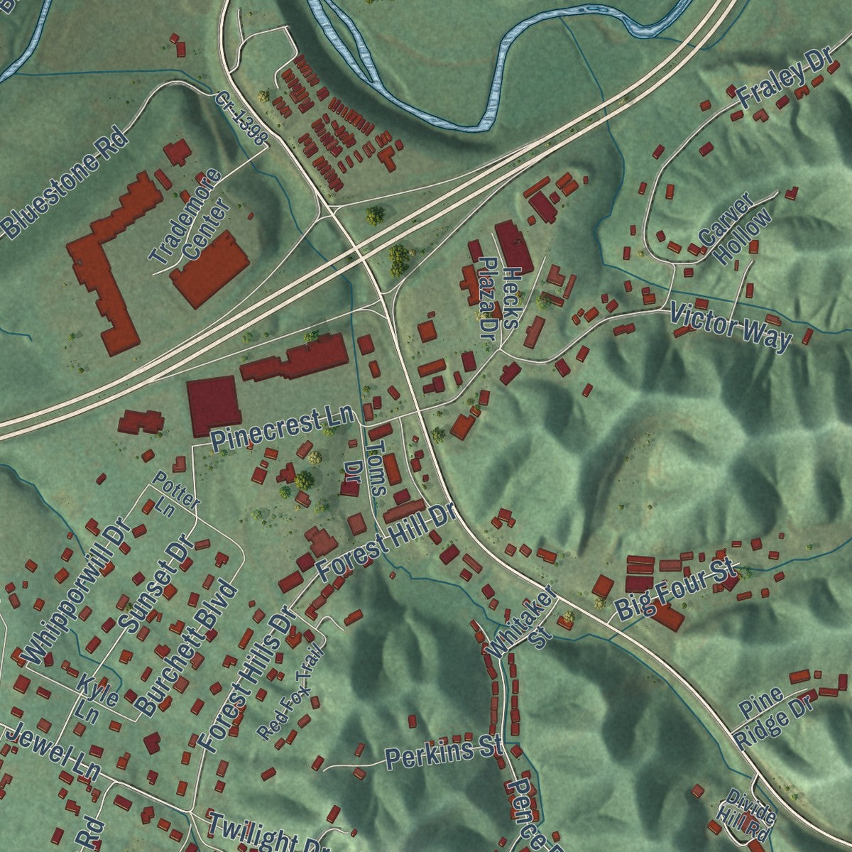 Close-up of the map of Morehead, Kentucky print showing street and building detail
