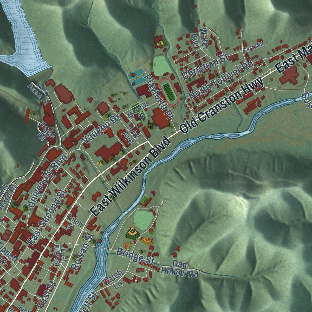 Second close-up of the map of Morehead, Kentucky print showing more streets and buildings